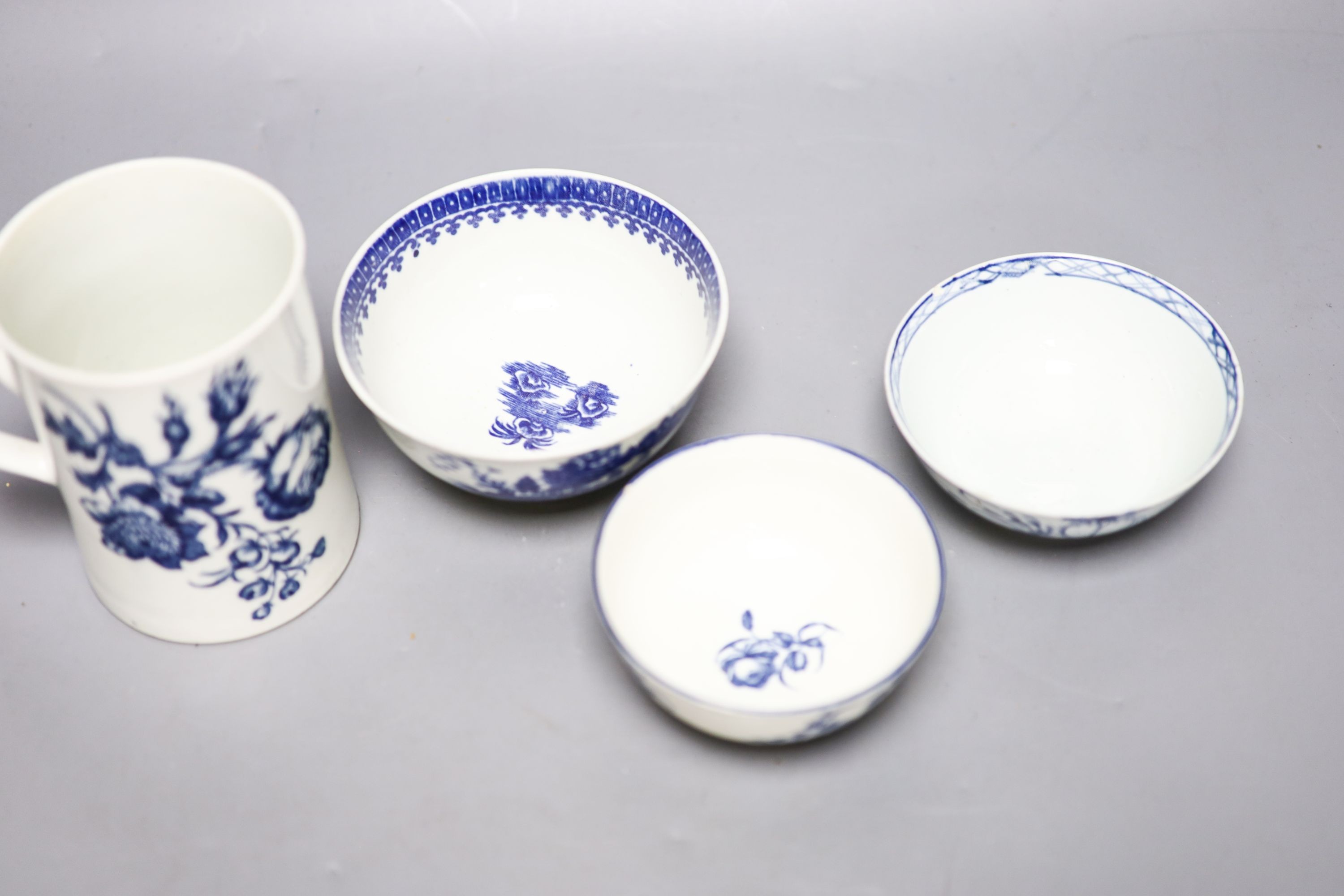 A Worcester mug and two bowls and a Phillip Christian Liverpool bowl, c.1770-80, Mug 12cm